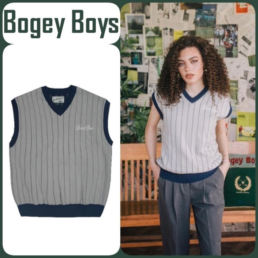 Bogey Boys Sz L Blue Gray Unisex Sleeveless Pinstripe V-Neck Golf Sweater Vest